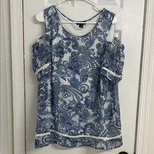 Alyx Blue & White Paisley Cold-Shoulder Blouse XL Women’s